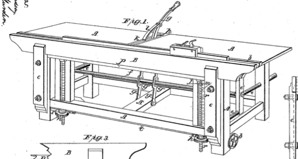 Her er ein patent  Av John E. Cryer på ein arbeidsbenk som også fungerer som skottbenk. 