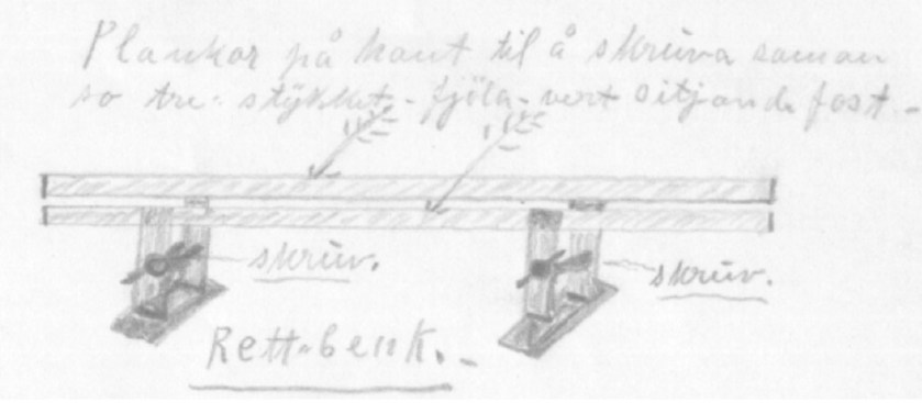 Skisse av rettbenk av S. J. Almås i Hølonda frå 1934. 