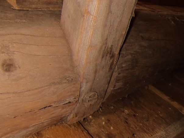 Det går en trenagle med diameter på 30 millimeter gjennom stolper og stokk i bunn. Naglen har hode på eine sida og låsepinne på andre. Foto: Jørn Ulven