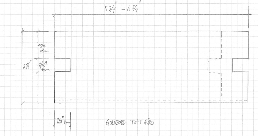 Oppmåling av golvbord i låvegolvet. Oppmålingsteikning av Magnus Wammen