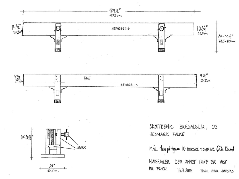 Målsett skisse av skottbenken fra Bredalslia. Skisse: Ivar Jørstad